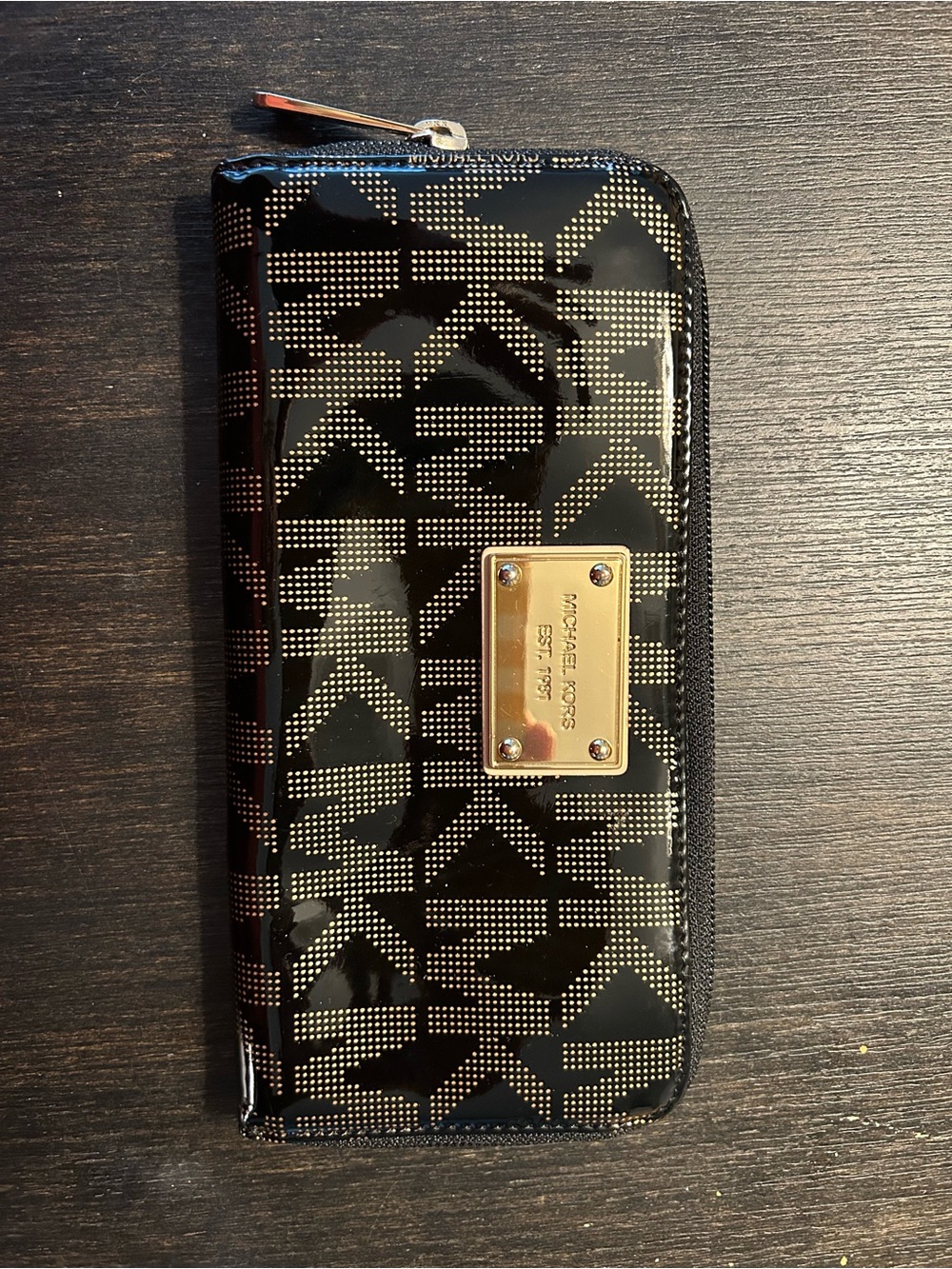 Michael Kors Black Patent Wallet with Gold Logo Plate